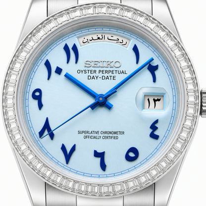 SEIKOJUST DAY-DATE ICE BLUE ARABIC (BAGUETTE BEZEL)