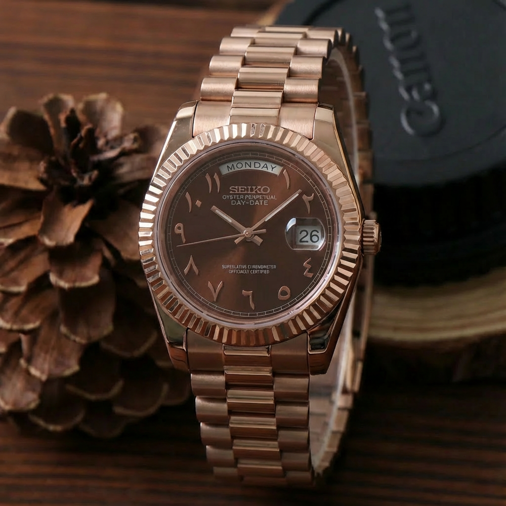SEIKOJUST DAY-DATE CHOCOLATE ARABIC ROSE GOLD